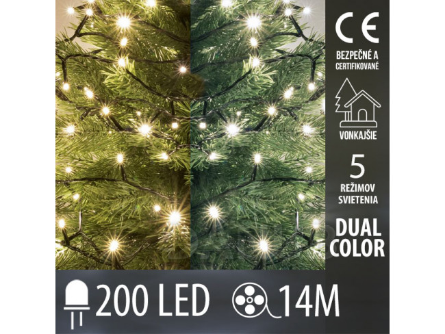 Vianočná led svetelná reťaz vonkajšia DUAL COLOR - 2v1 - programy - 200led - 14m - teplá biela/studená biela