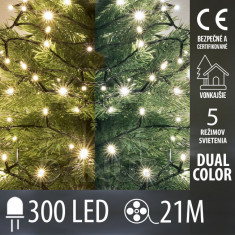 Vianočná led svetelná reťaz vonkajšia DUAL COLOR - 2v1 - programy - 300led - 21m - teplá biela/studená biela