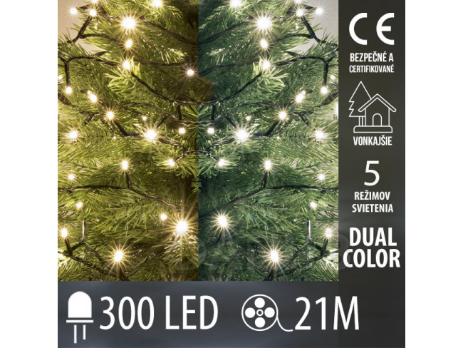 Vianočná led svetelná reťaz vonkajšia DUAL COLOR - 2v1 - programy - 300led - 21m - teplá biela/studená biela