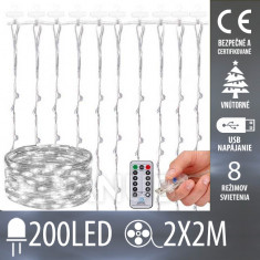 Vianočná led svetelná záclona vnútorná USB - 200 led - programy - ovládač - 2x2m - studená biela