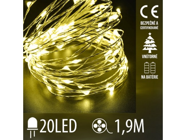 Vianočná led svetelná mikro reťaz na batérie - 20led - 1,9m teplá biela