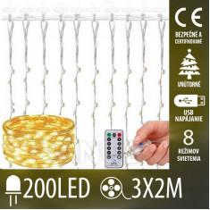 Vianočná led svetelná záclona vnútorná USB - 200 led - programy - ovládač - 3x2m - teplá biela