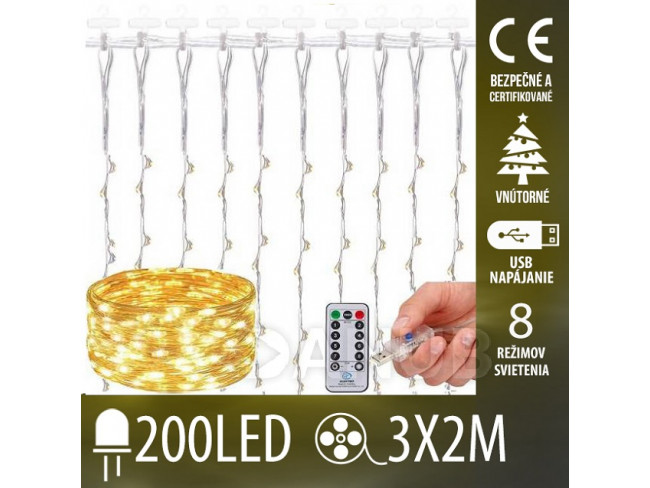 Vianočná led svetelná záclona vnútorná USB - 200 led - programy - ovládač - 3x2m - teplá biela