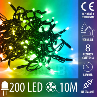 Vianočná led svetelná reťaz vonkajšia na spájanie s časovačom + programy + diaľkový ovládač - 200led - 10m multicolour